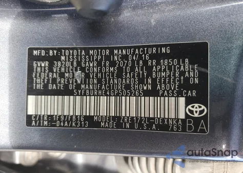 2016 Toyota Corolla L from USA, damaged, VIN 5YFBURHE4GP505265